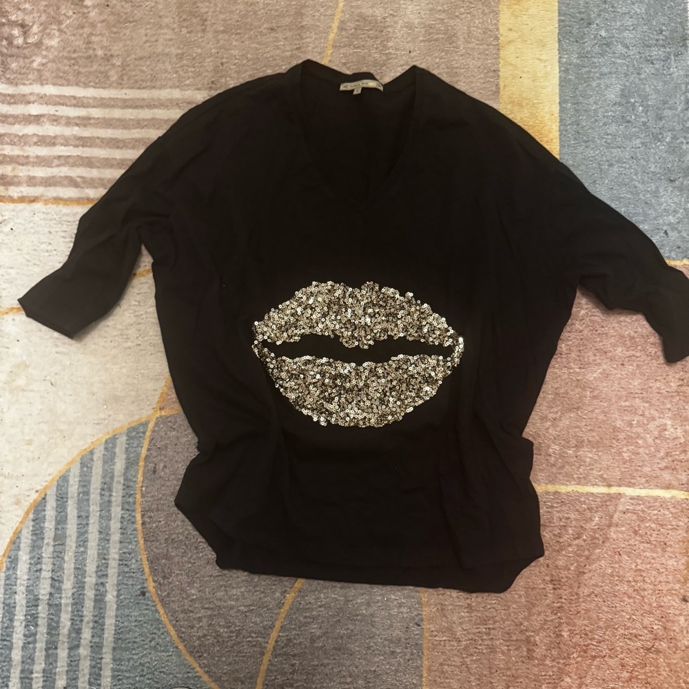 Patrizia Pepe Black Top with Silver Sequin Lip Design